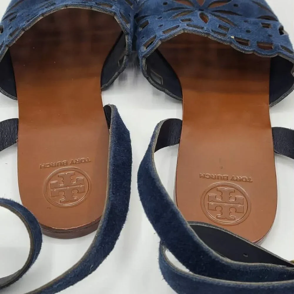 Tory Burch May Flat Lancaster Navy Ankle Strap Sandals size 7M